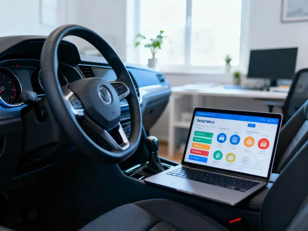 Kierownica auta i laptop z kolorowymi wykresami ubezpieczeń, podkreślające wygodne porównanie ofert OC AC online.