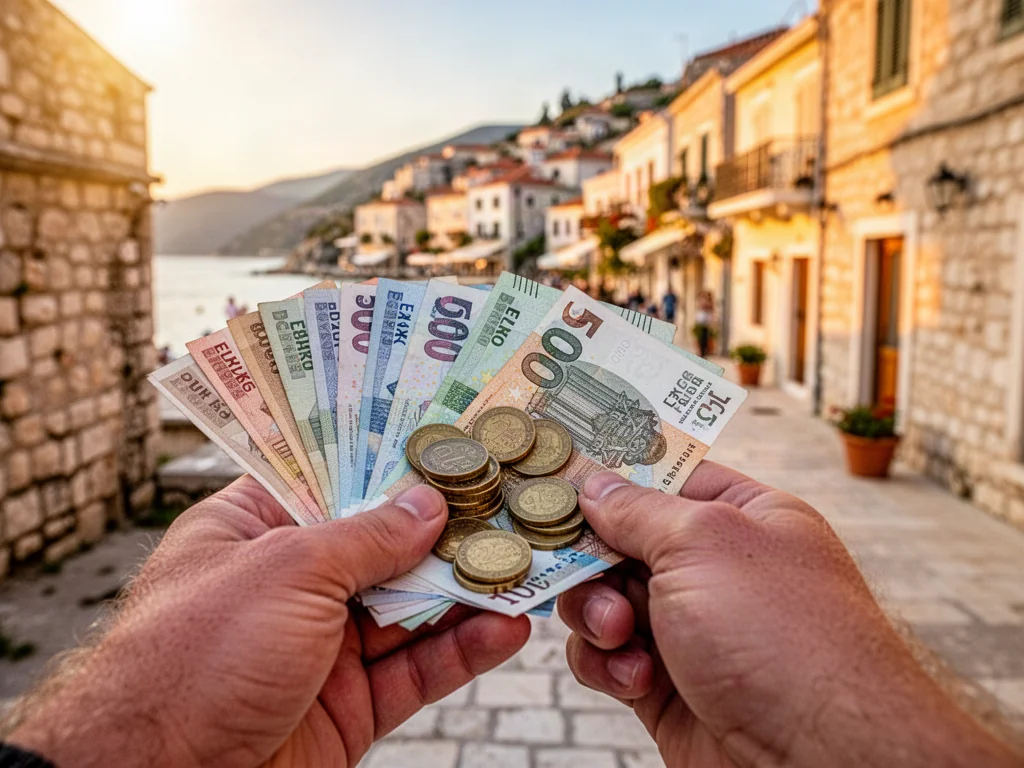 Dłonie trzymające banknoty euro oraz albańskie leki na tle słonecznej ulicy w Albanii.