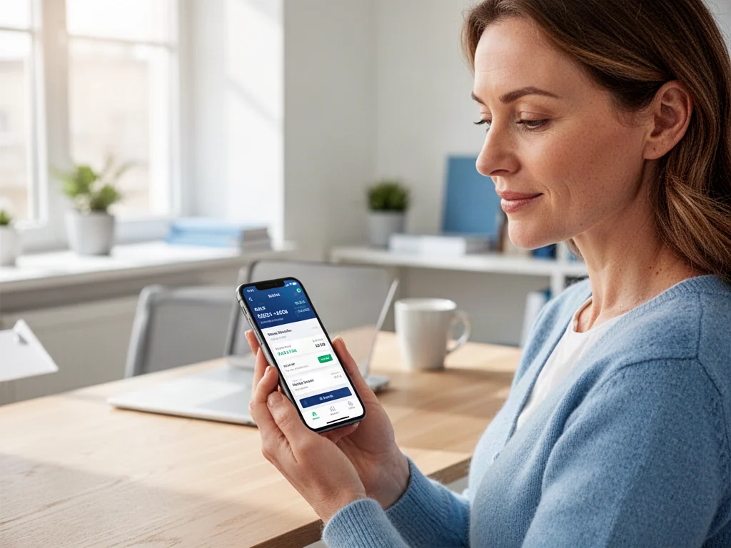 Kobieta korzystająca z aplikacji bankowej na smartfonie w nowoczesnym biurze domowym.